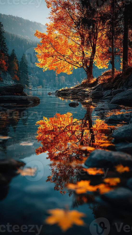 Autumn landscape with vibrant orange trees reflecting on calm water in serene setting photo