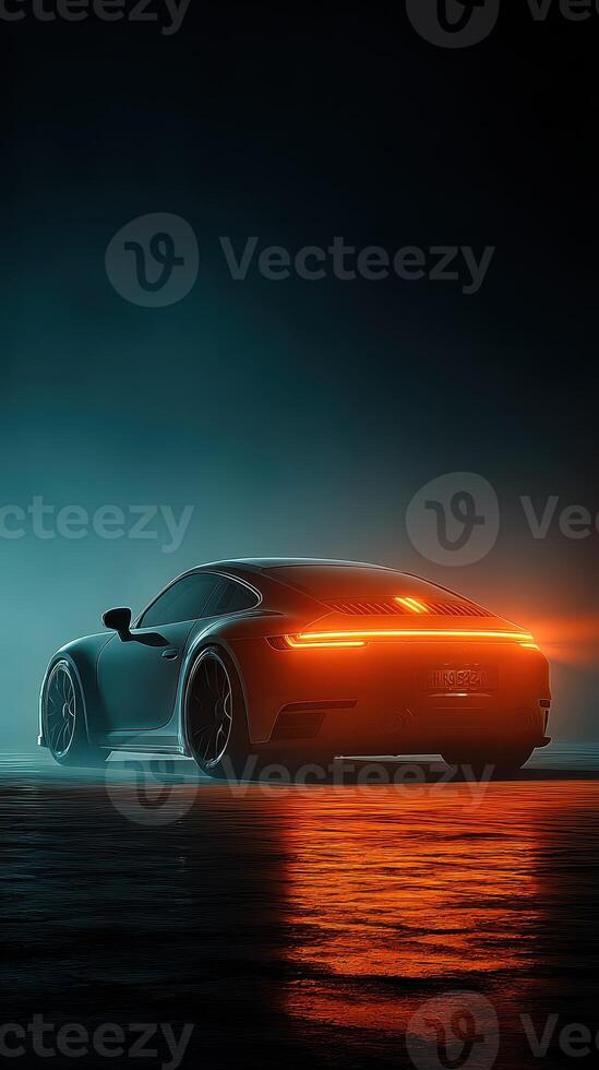 Sleek car with glowing rear lights parked on a reflective surface in a dark, atmospheric environment photo