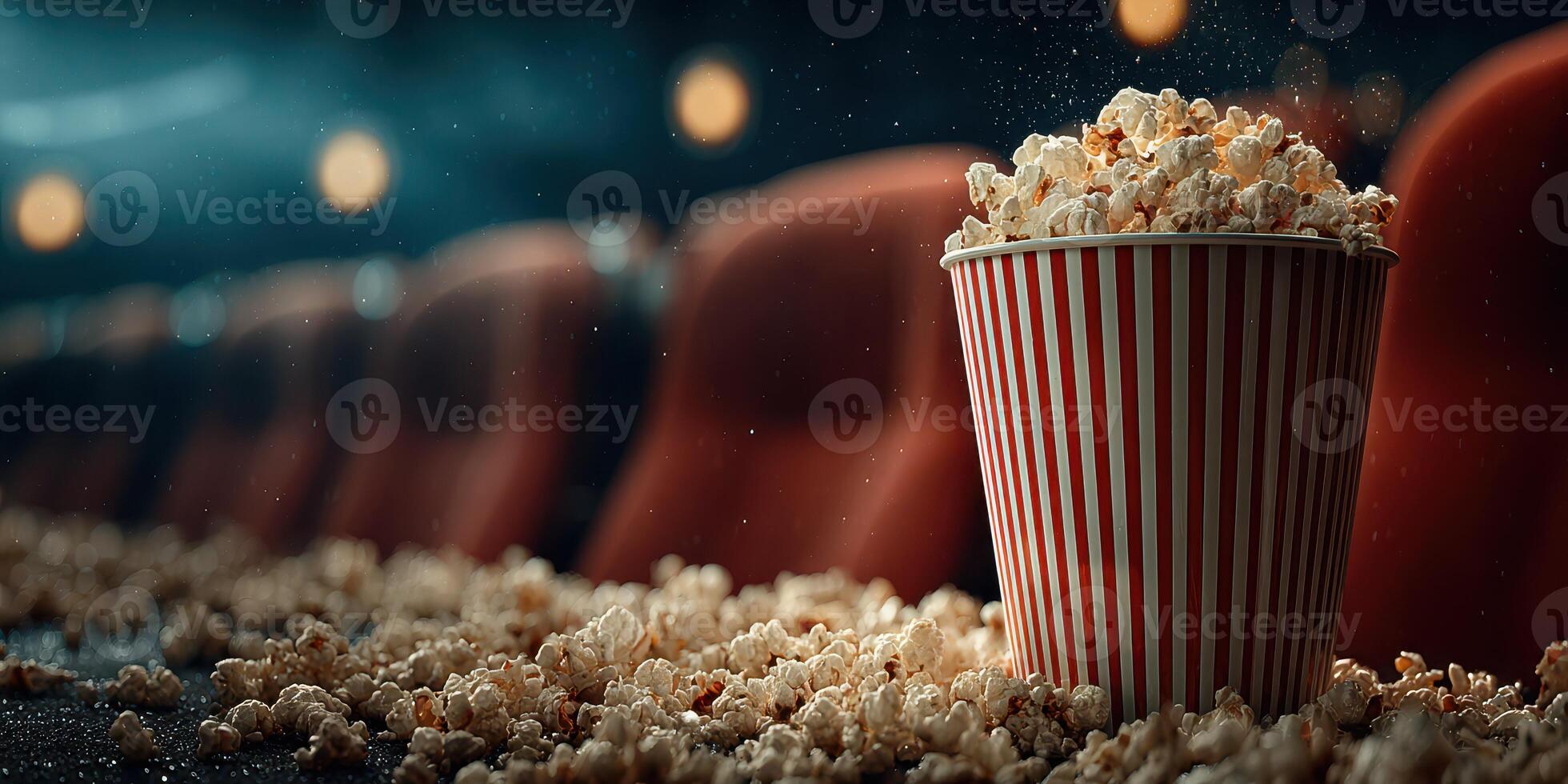 Delicious popcorn spilling in an empty movie theater during a late night screening photo