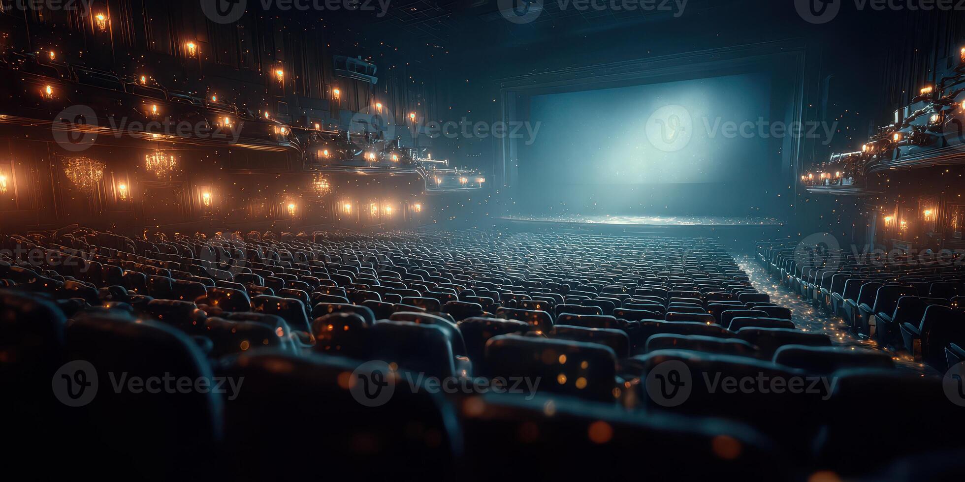 Audience seats in an empty theater illuminated by chandeliers before the show begins at night photo