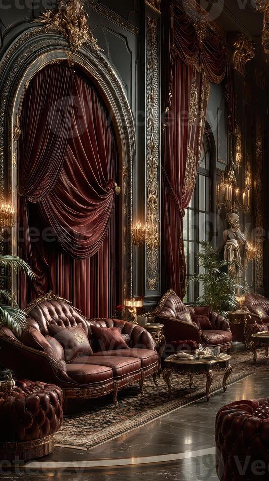Elegant interior of a luxurious room with rich fabrics and ornate decor during the evening hours photo