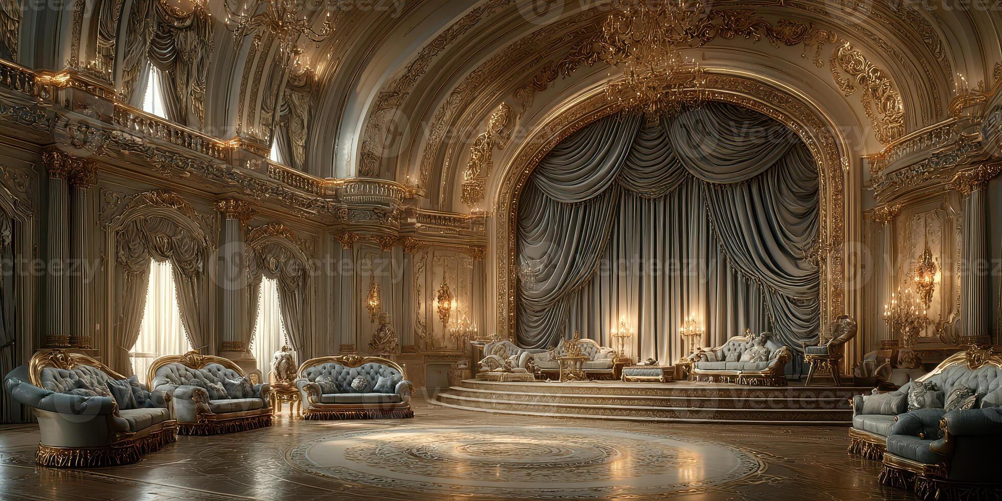 Luxurious ornate interior with elegant furnishings and golden accents in a grand hall during daylight photo