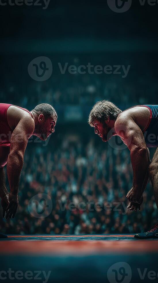 Intense wrestling match between two athletes in a packed arena during a championship event photo