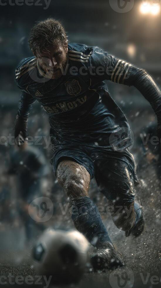 Soccer player in motion during a rainy evening match on a dimly lit stadium pitch photo