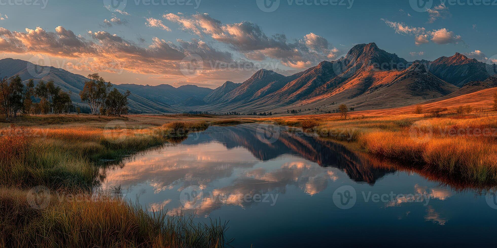 Beautiful sunset reflections on a calm river surrounded by mountains and grasslands in a serene landscape photo