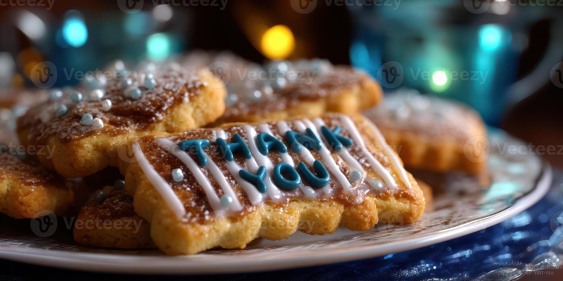 Decorative cookies with thank you message displayed on a plate during an evening gathering photo