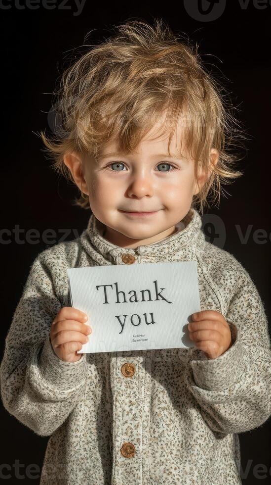 Child expressing gratitude while holding a thank you card against a dark background, showcasing innocence and joy photo