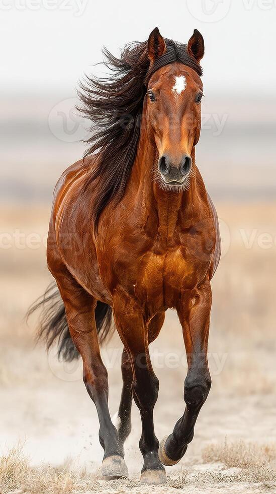 Majestic chestnut horse running swiftly across a vast open landscape during a bright day photo