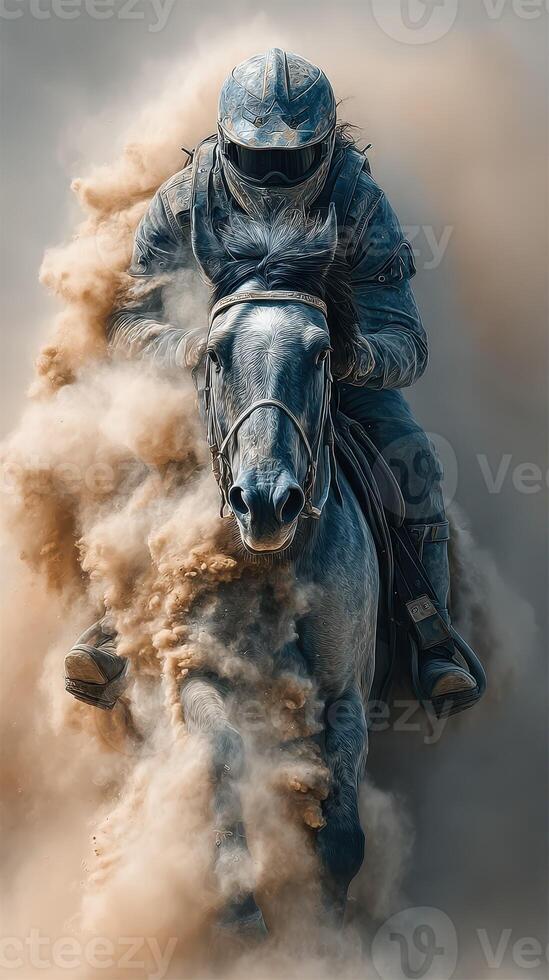 Rider and horse charging through dust in a dynamic equestrian moment during a competitive event photo