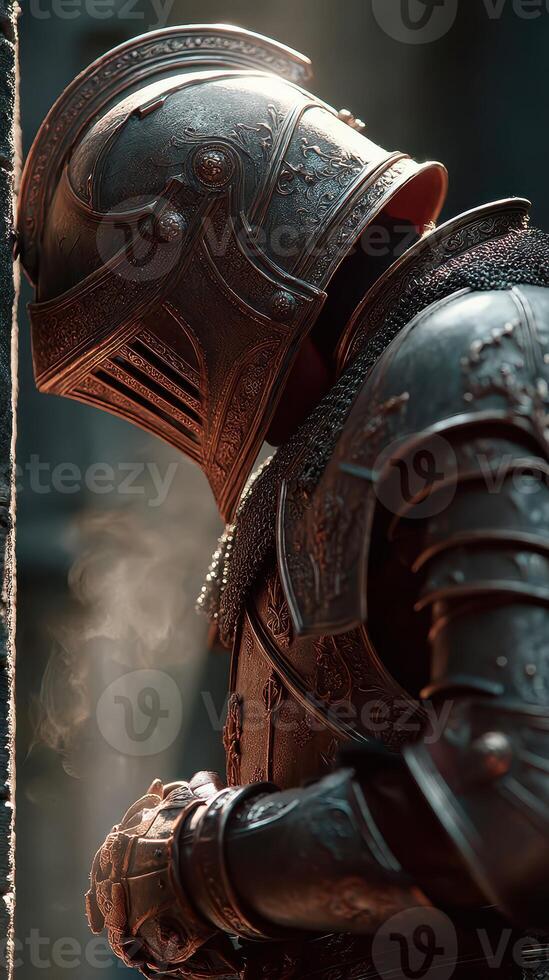 Medieval knight rests against stone wall while steam rises in cool, dimly lit environment photo