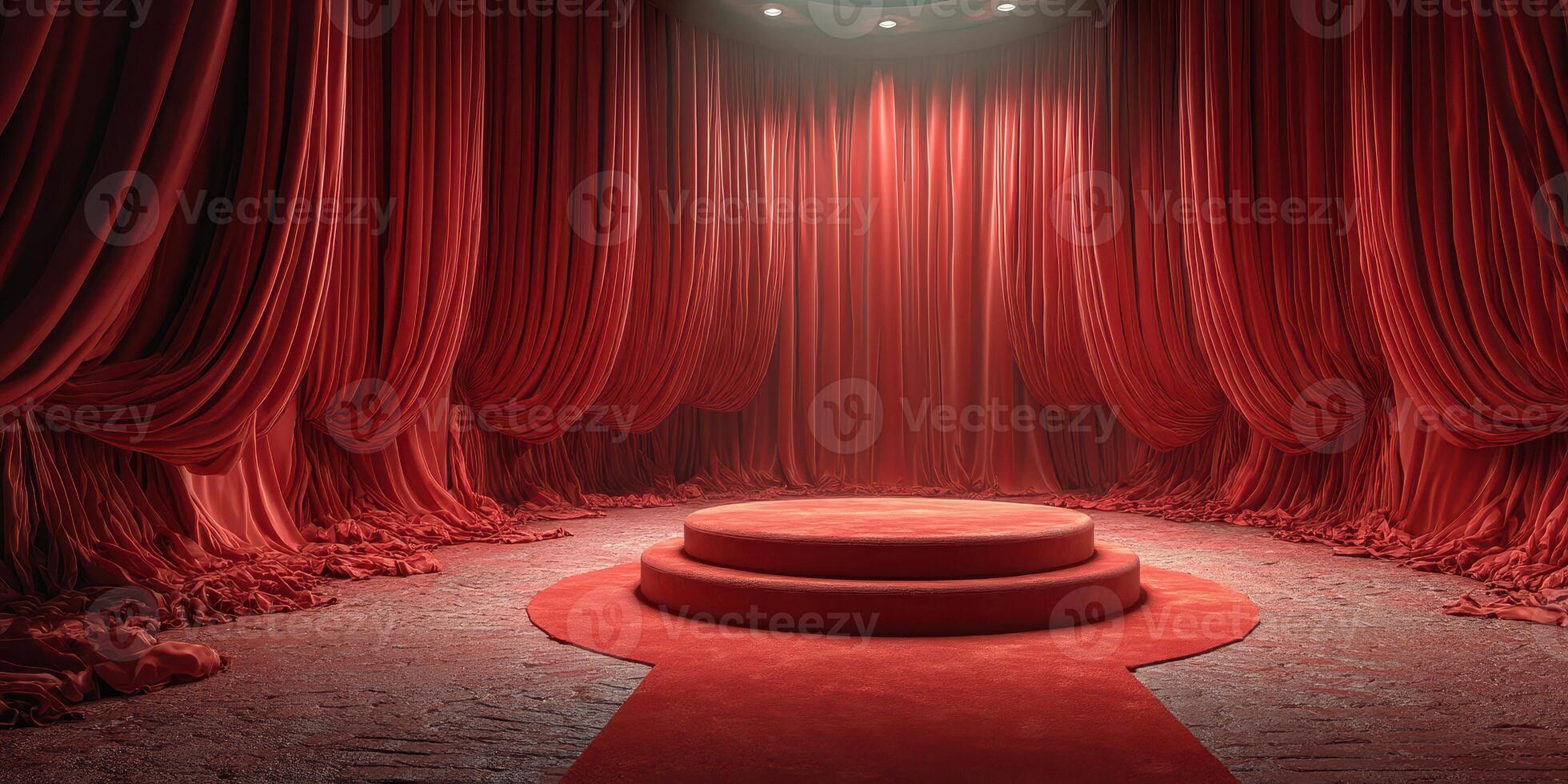 Red velvet stage with dramatic curtains and circular platform ready for performance in dim light photo