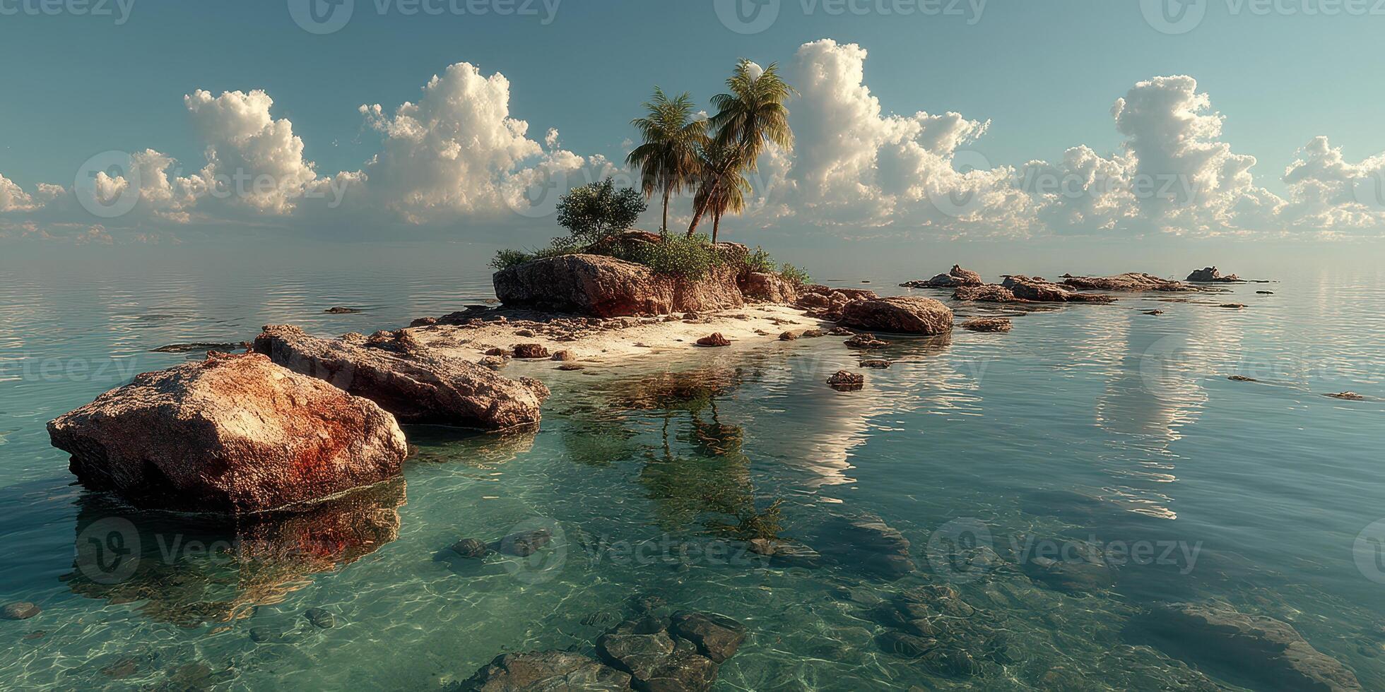 Secluded tropical island with lush palm trees under a bright sky and calm waters during midday photo