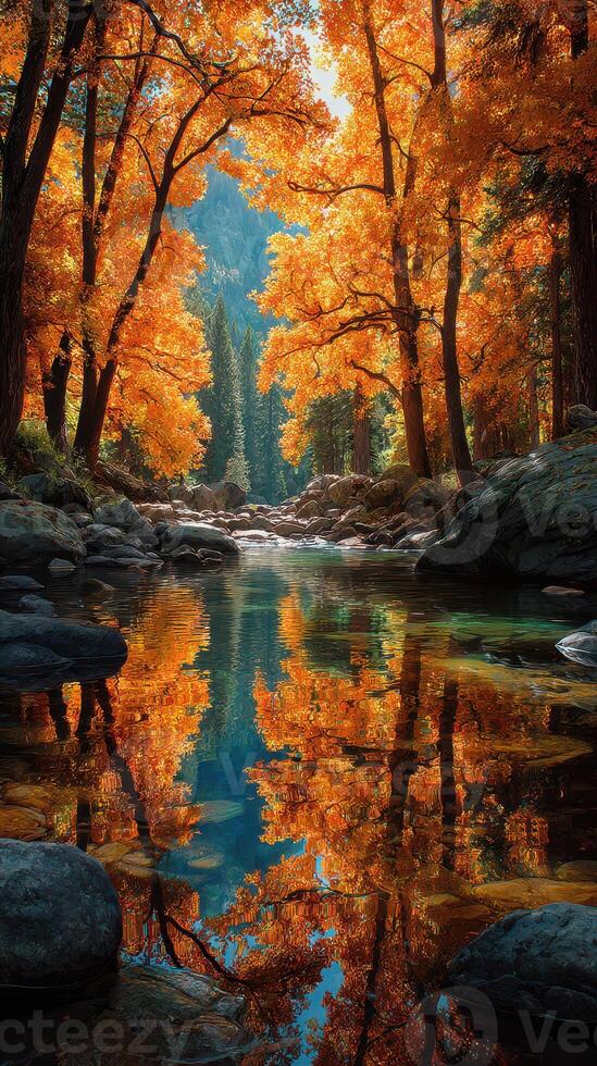 Vibrant autumn forest landscape with reflections in a serene river during golden hour photo