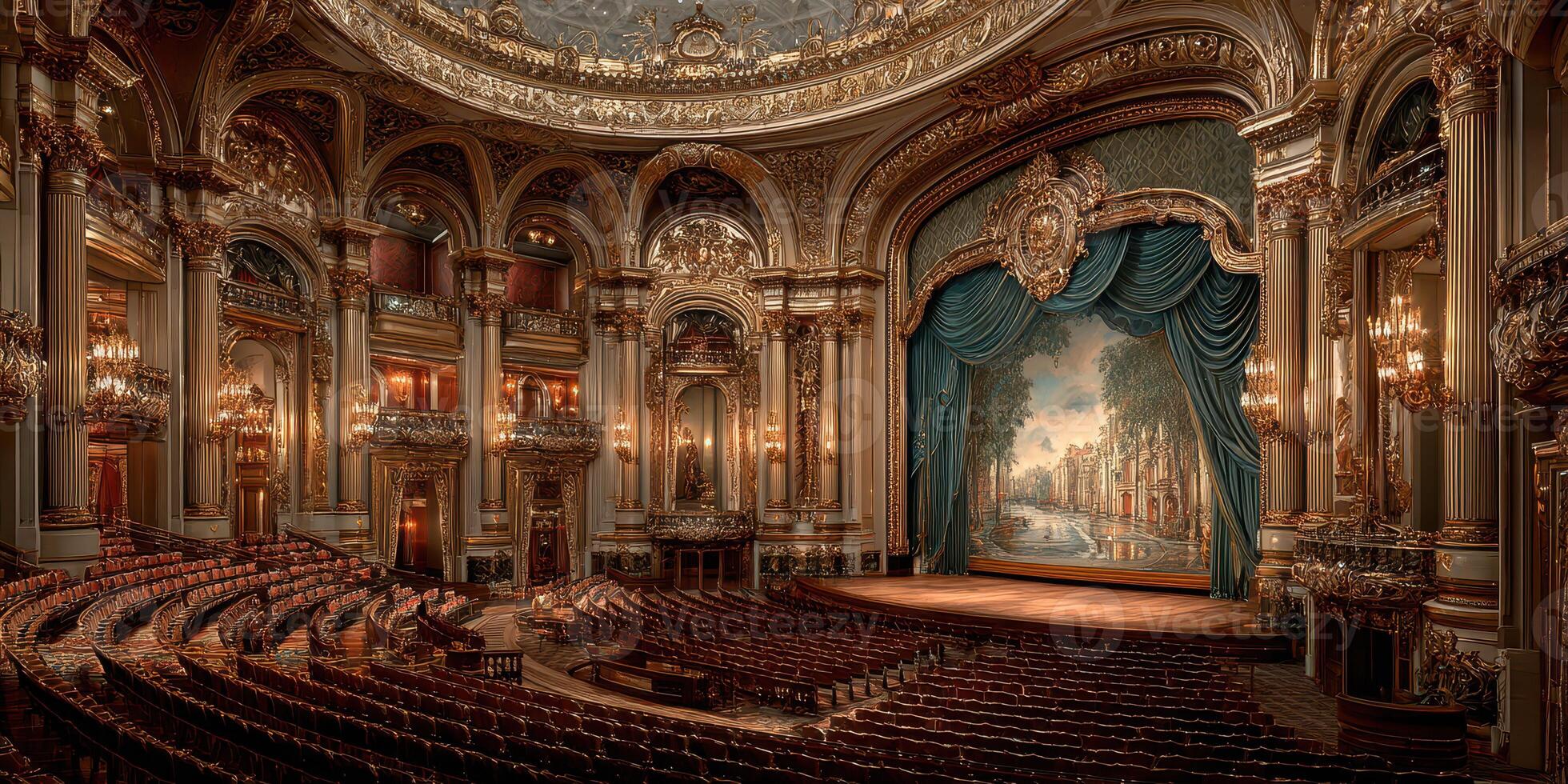 Ornate theater interior with grand stage and detailed architecture illuminated by chandeliers during a matinee performance photo