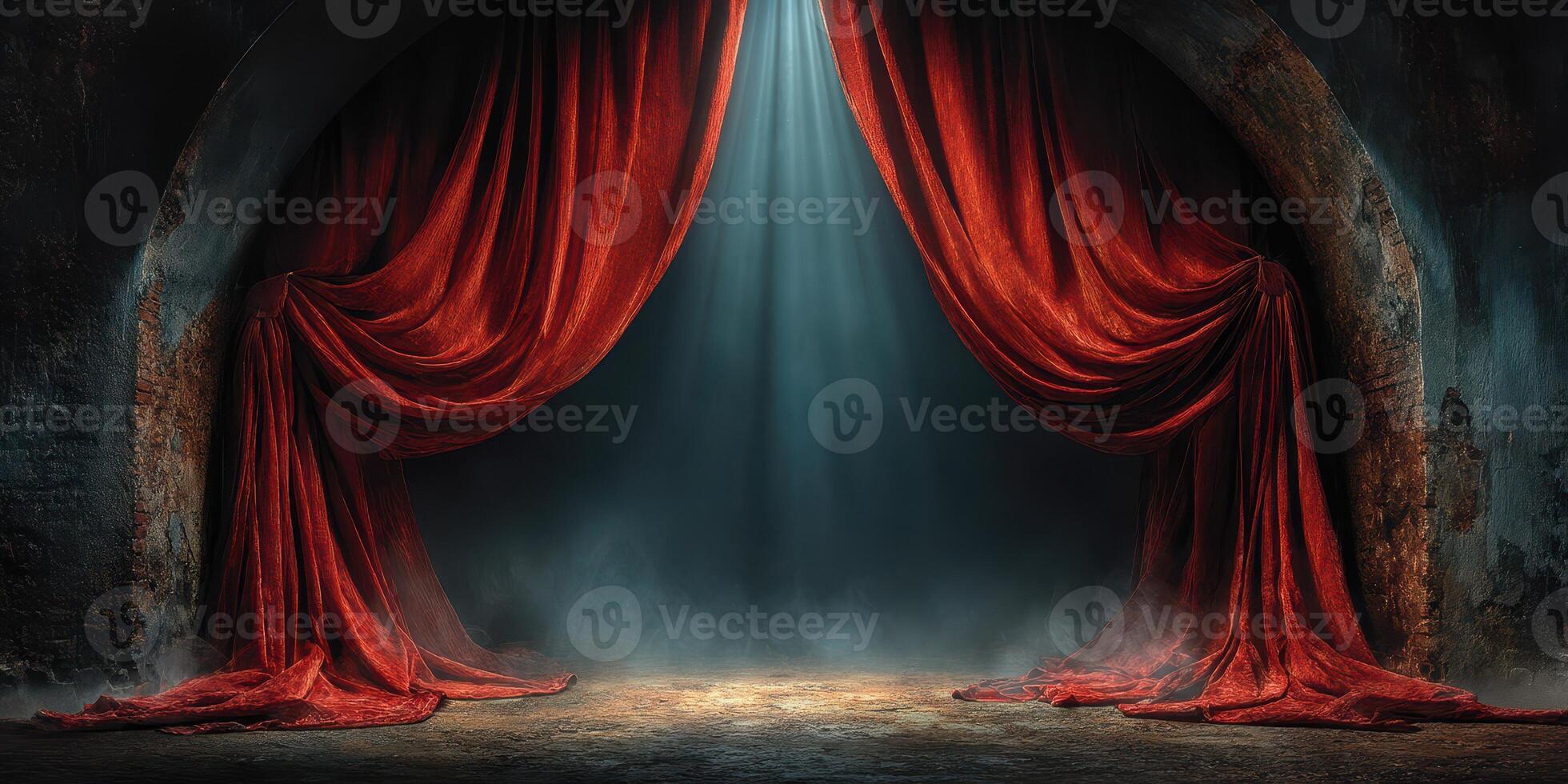 Mysterious red curtains parting to reveal a dimly lit stage in an ancient, abandoned theater photo