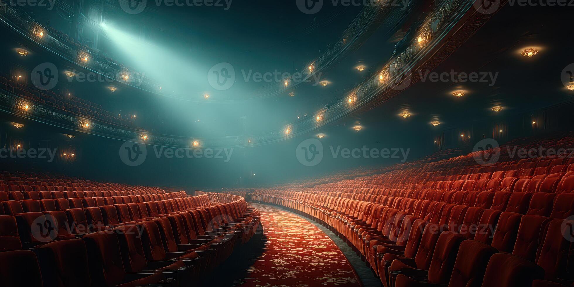 Empty theater with red seats illuminated by a spotlight during a quiet evening performance photo