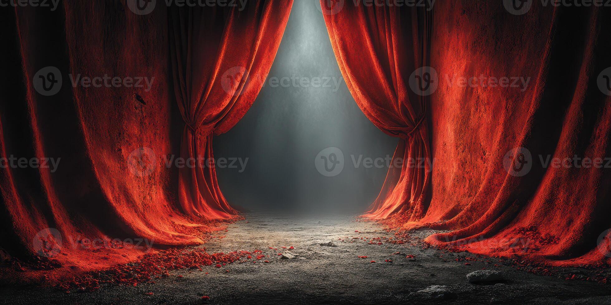 Dramatic red curtains parting to reveal a mysterious and dimly lit stage with glowing light in the background photo