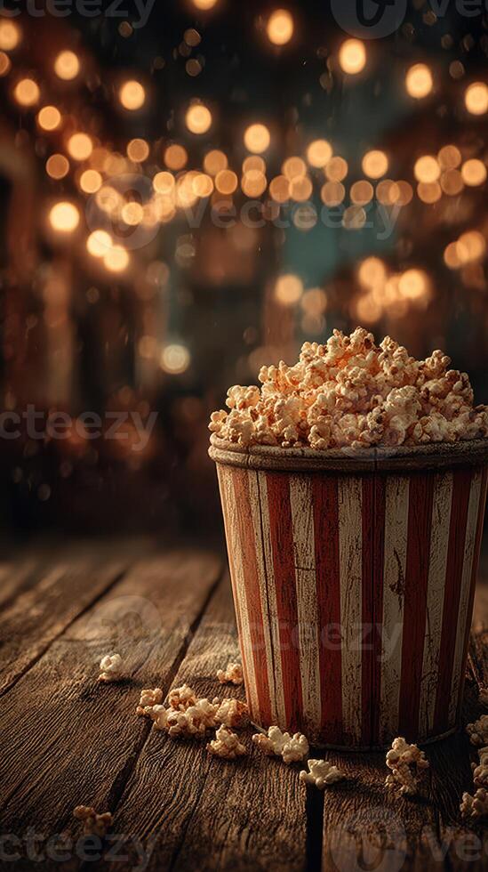 Popcorn bucket rests on a wooden table surrounded by warm, inviting lights at a festive gathering photo