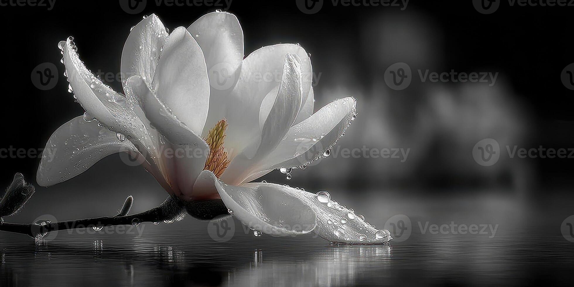 Magnolia flower with raindrops resting on water in a serene and tranquil setting photo