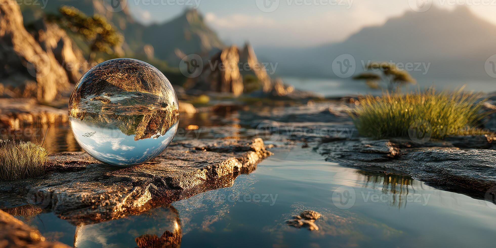 Reflection within a crystal sphere at a tranquil lakeside during the golden hour in a mountainous landscape photo