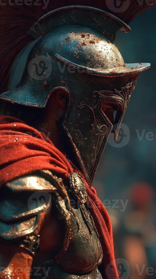 Ancient warrior in ornate armor stands solemnly during a battle reenactment in an outdoor arena at dusk photo