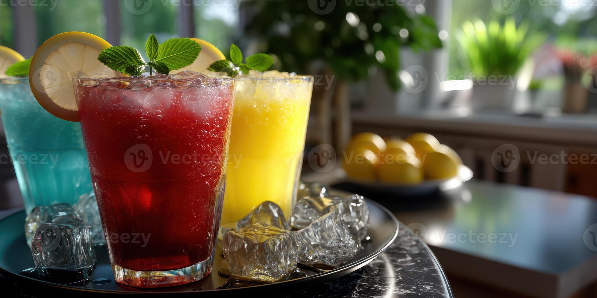 Refreshing summer drinks served with ice and lemon in a bright kitchen setting during the afternoon photo