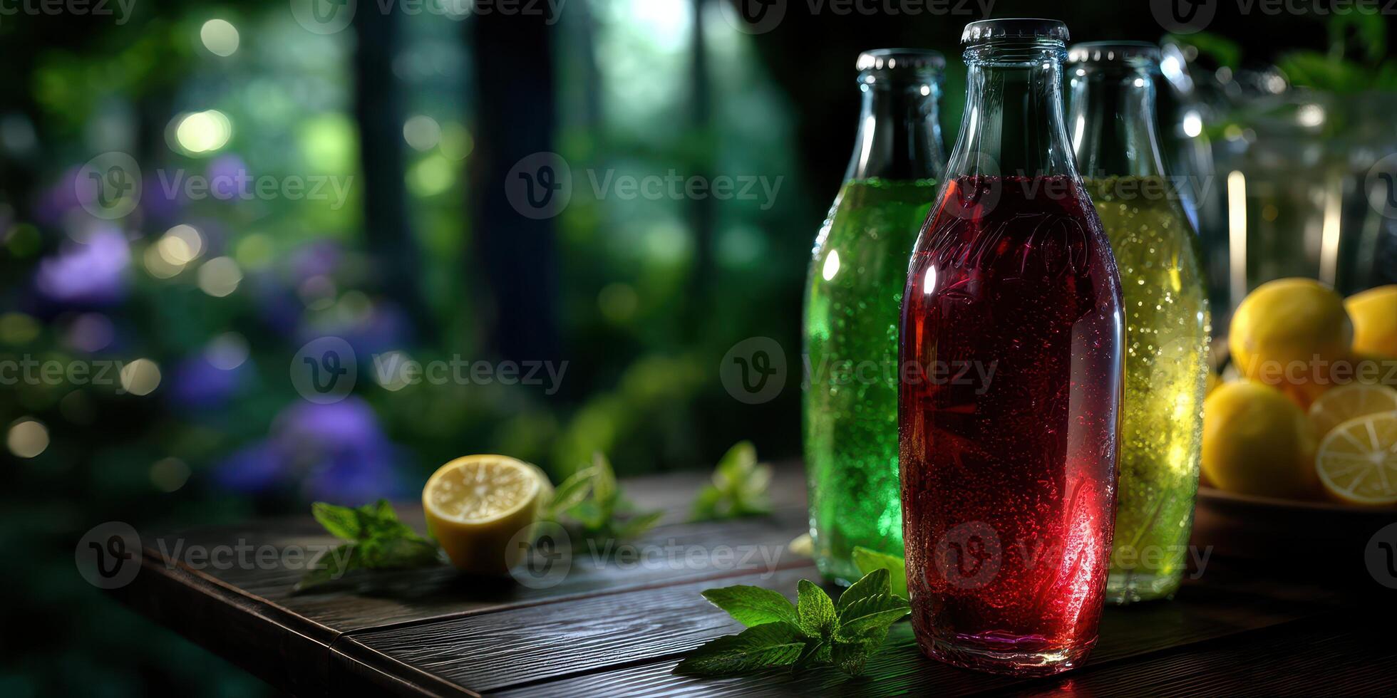 Refreshing drinks on a wooden table surrounded by greenery in the afternoon sunlight photo