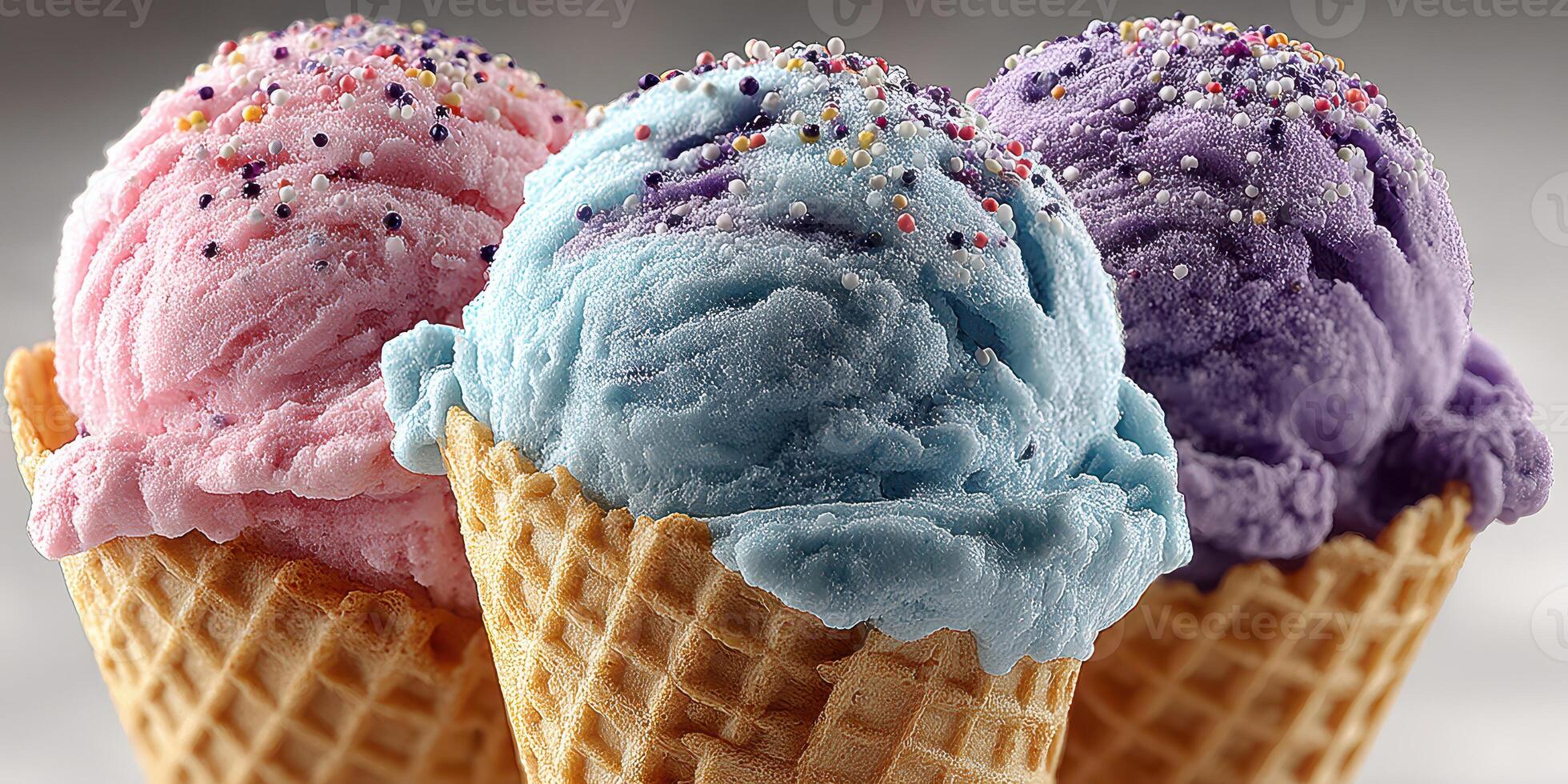 Colorful ice cream cones featuring pink, blue, and purple flavors topped with sprinkles photo