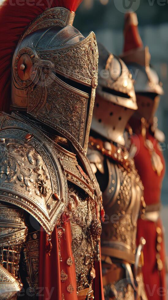 Detailed depiction of ornate armored soldiers during a ceremonial event in a historical setting photo