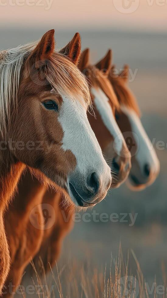 Three horses posing together during golden hour in a tranquil landscape photo