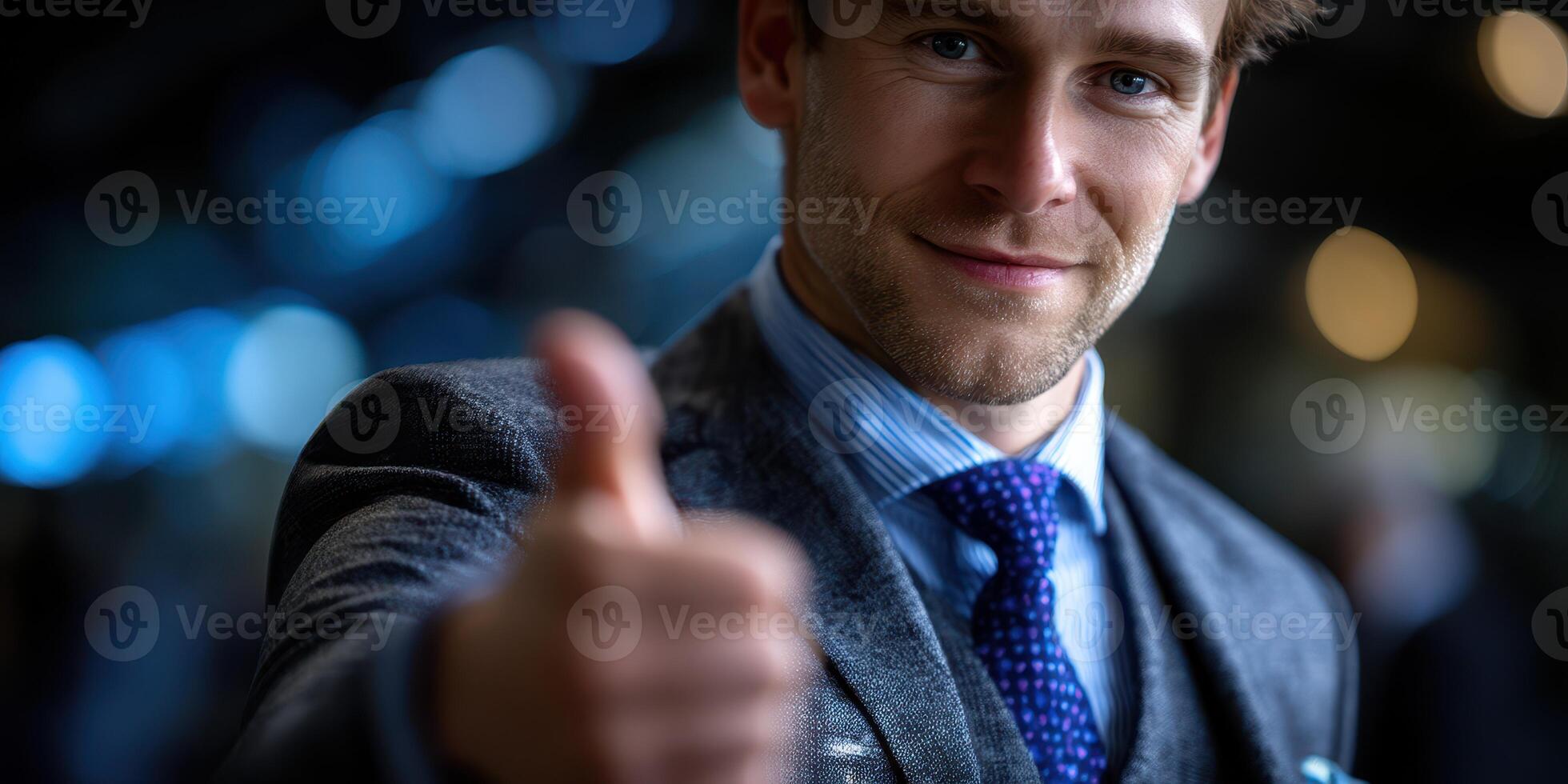 Confident businessman giving a thumbs up in a modern office setting with blurred lights in the background photo