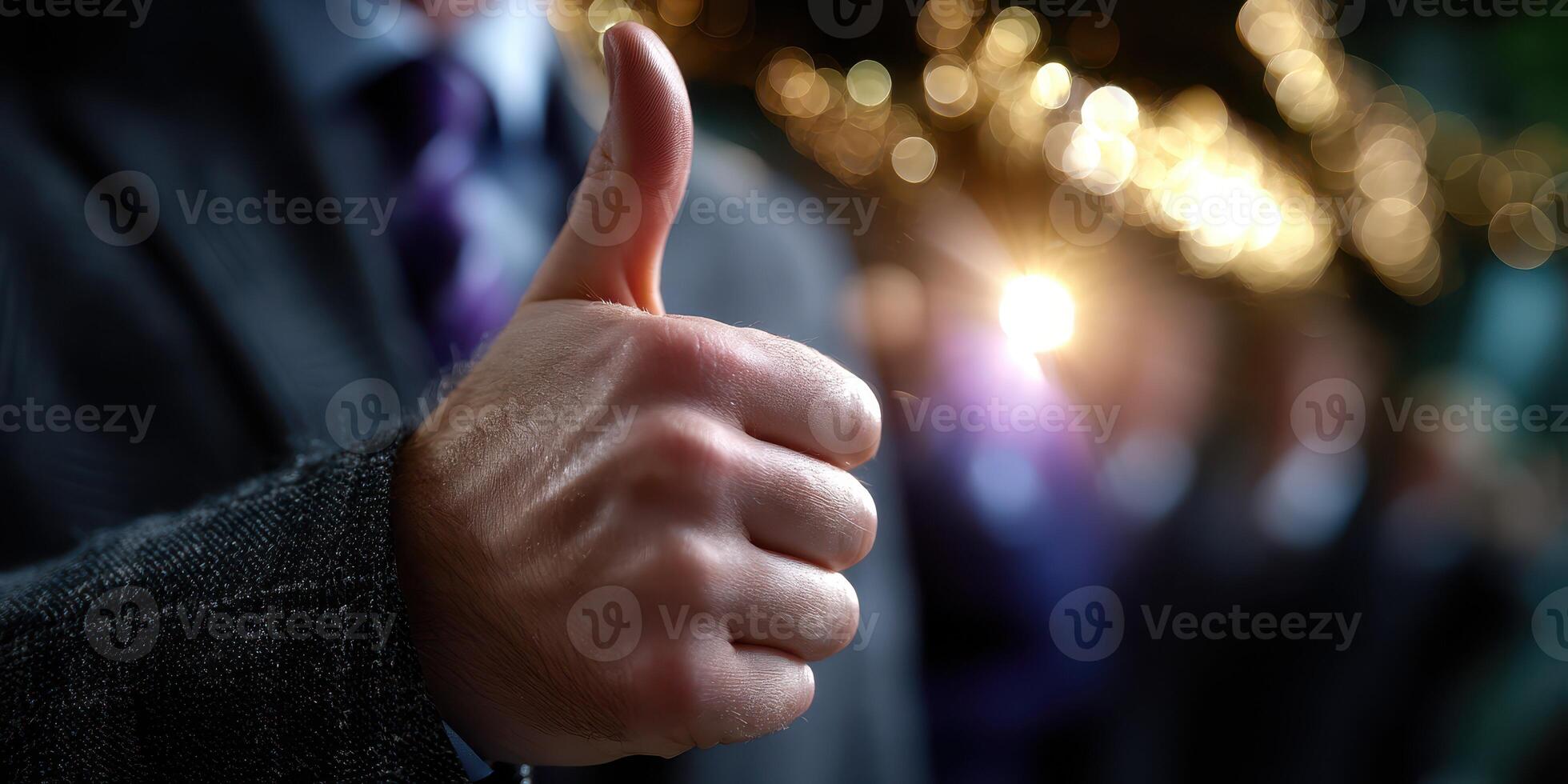 Person giving a thumbs up gesture in a formal setting during a celebration with blurred lights in the background photo