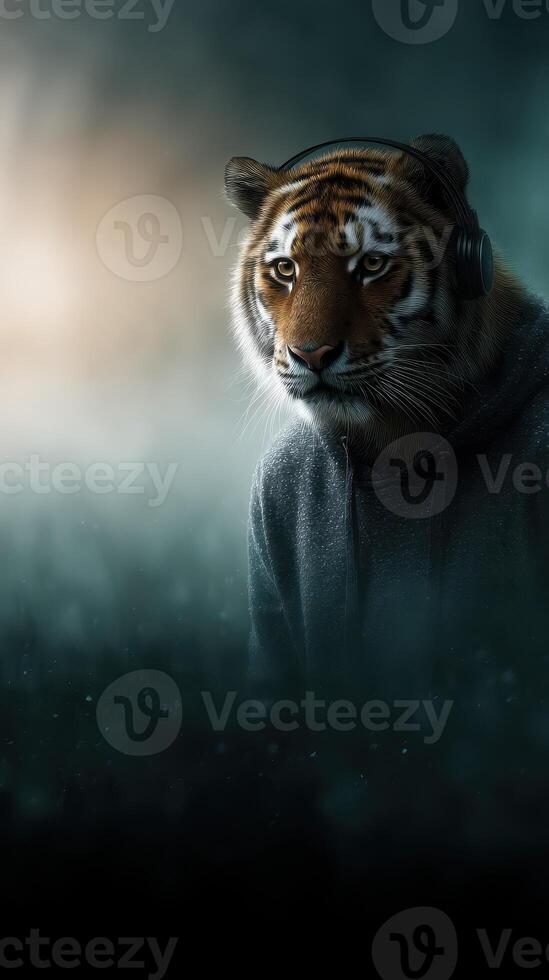 Tiger wearing headphones in a mysterious, foggy environment at dusk while listening to music photo