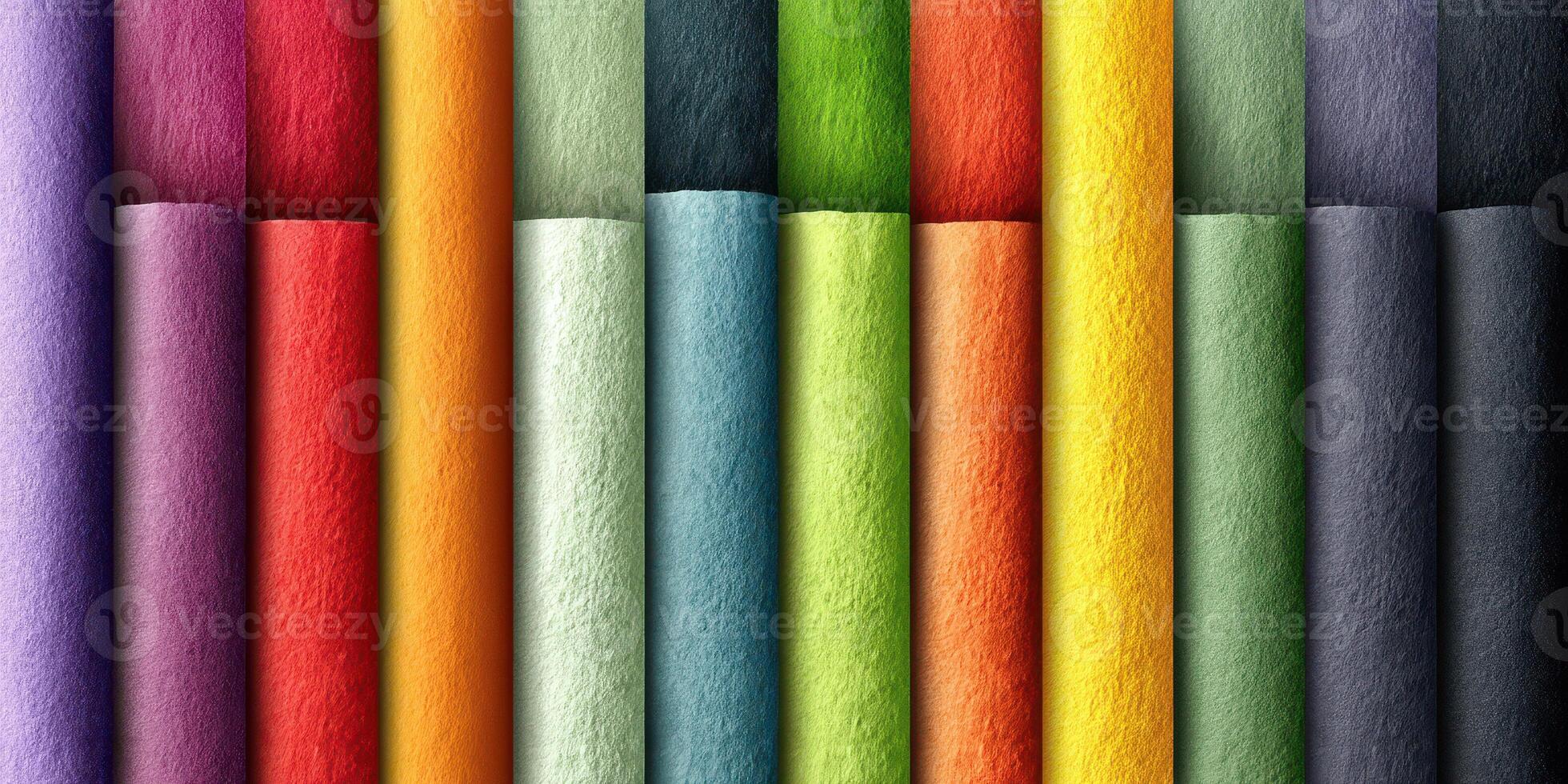Colorful rolls of craft paper arranged in a pattern showcase a variety of hues in a bright workspace photo