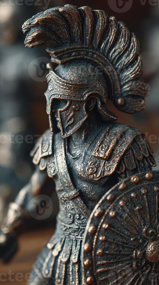 Detailed warrior figurine from ancient history displayed on a wooden surface, showcasing craftsmanship and intricate design photo