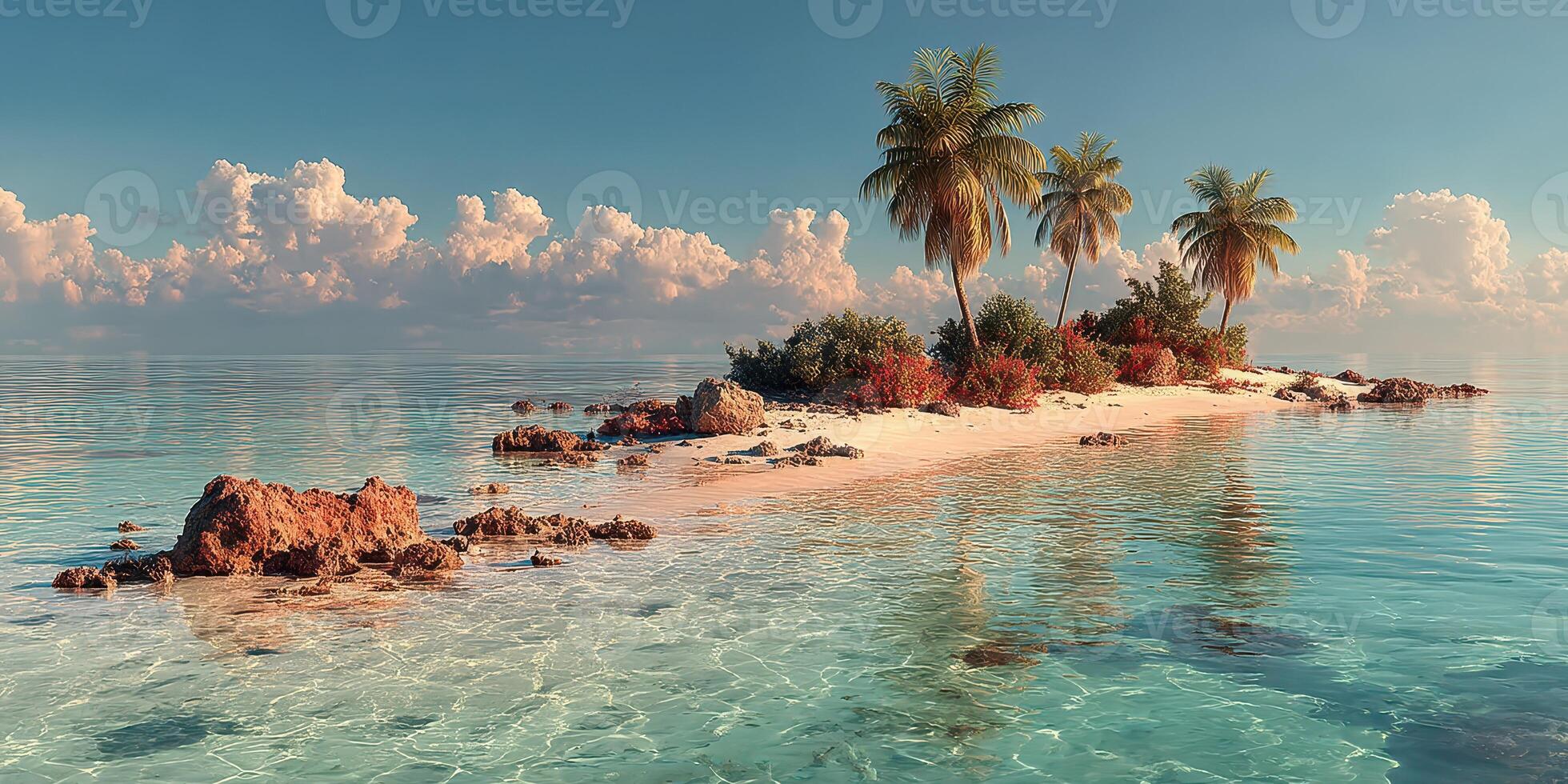 Tropical island with palm trees and clear blue waters in a serene ocean setting at sunset photo