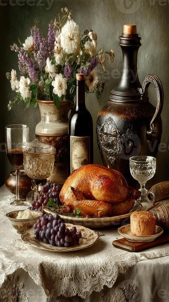 Elegant table setting with roasted chicken, wine, and fresh grapes at a rustic dinner party in soft evening light photo