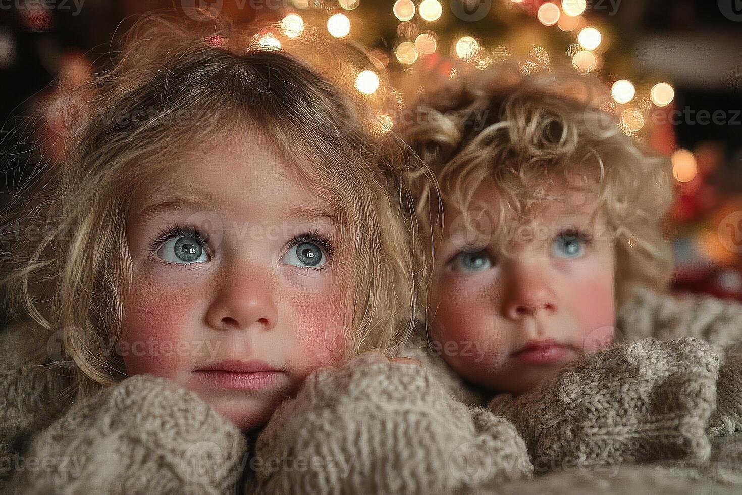 Children gazing in wonder at the illuminated Christmas tree during the holiday season photo