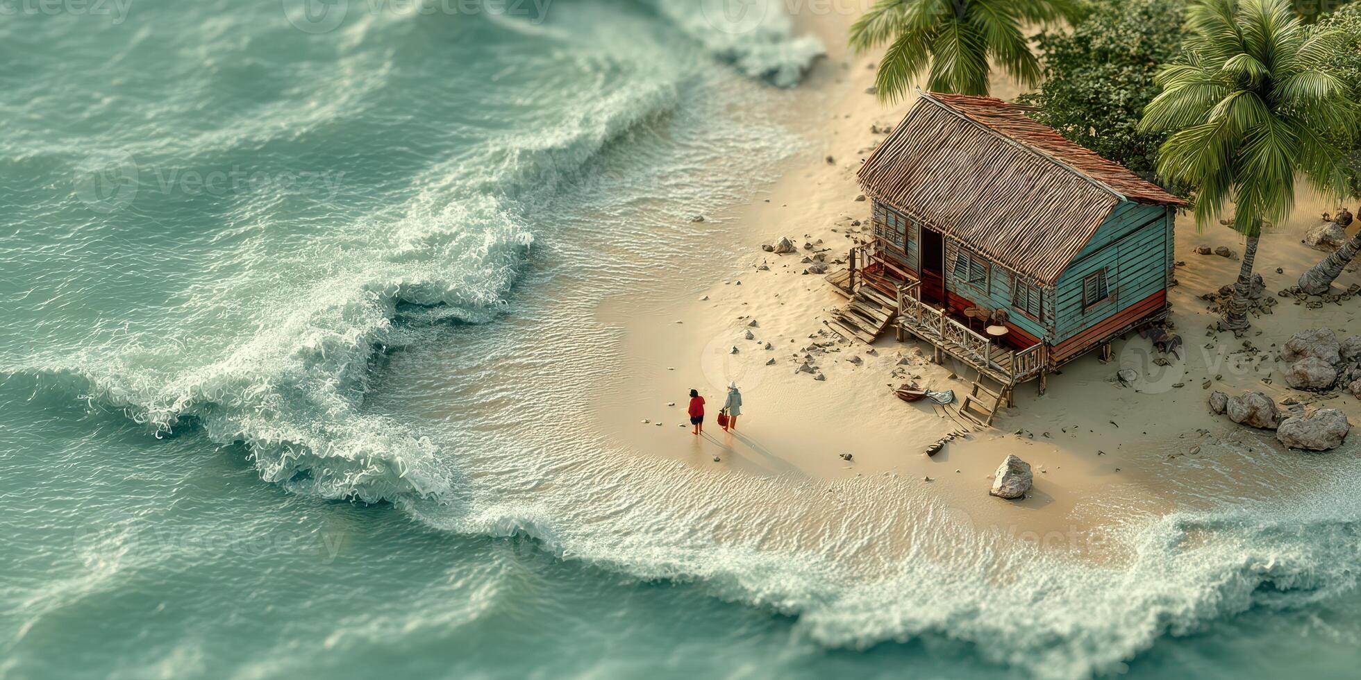 Beachside cabin next to turquoise waters with two figures walking along the shore during a sunny day photo