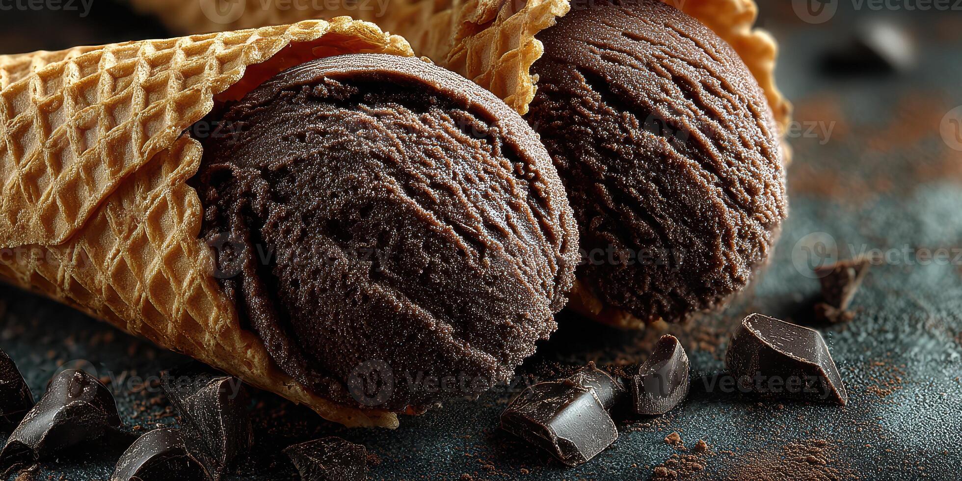 Rich and creamy chocolate ice cream served in crispy waffle cones with chocolate chunks photo