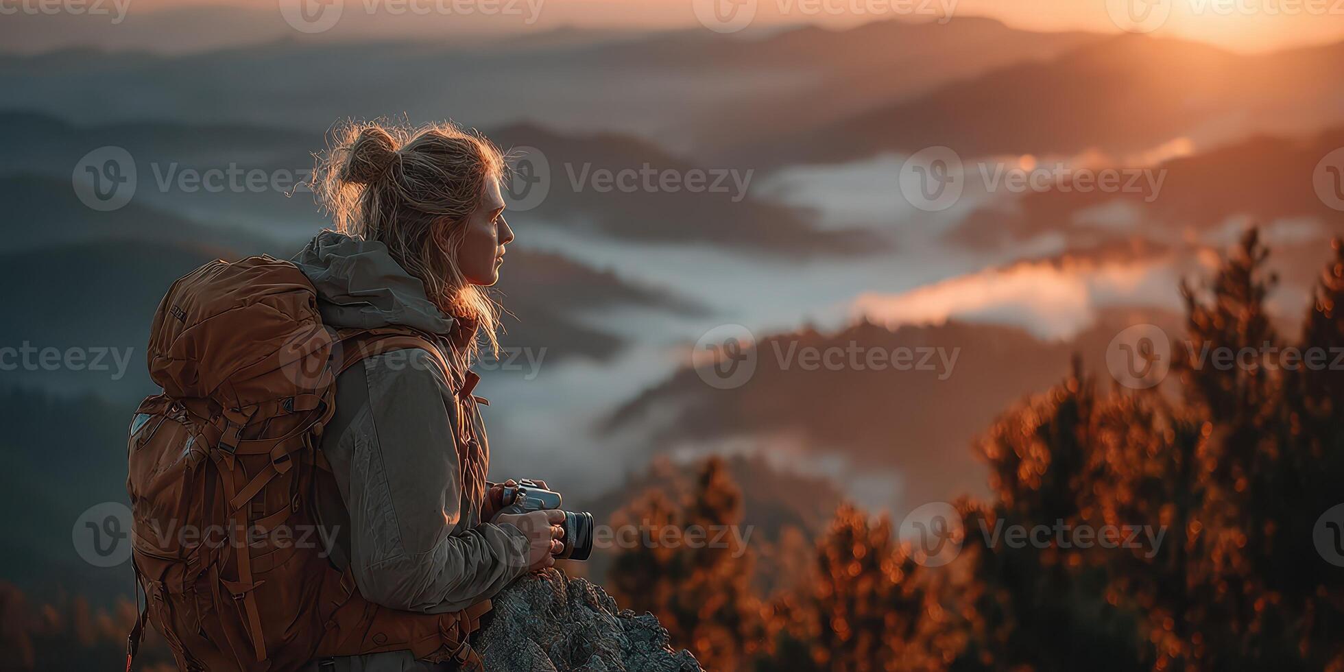 Hiker enjoys sunrise over misty mountains while capturing the beauty with a camera photo