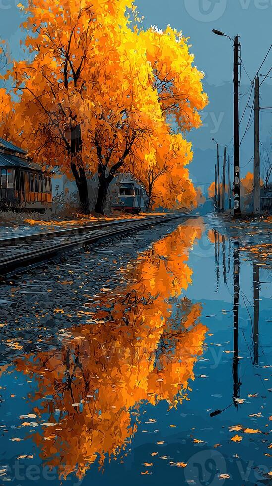 Vibrant autumn foliage reflecting on still water near railway tracks in a peaceful setting photo