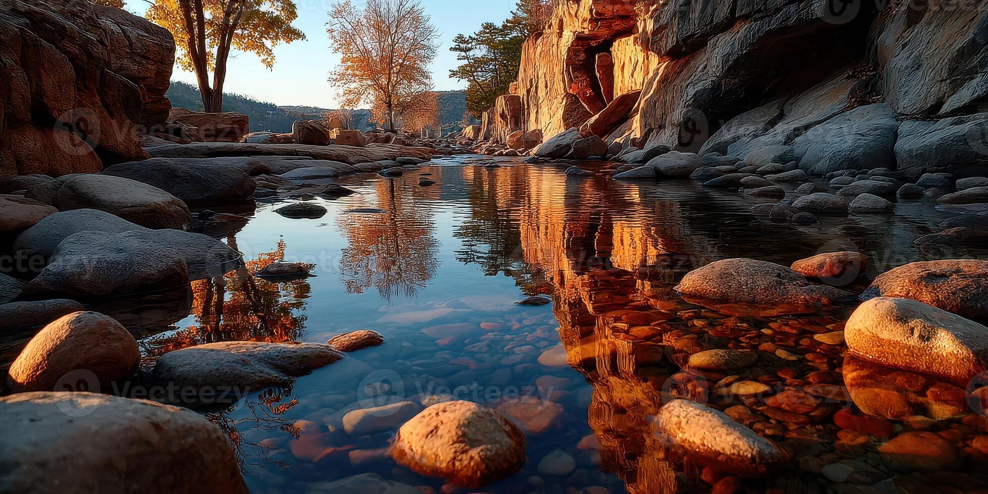Scenic river reflecting autumn colors in tranquil canyon at sunset near peaceful outdoor location photo