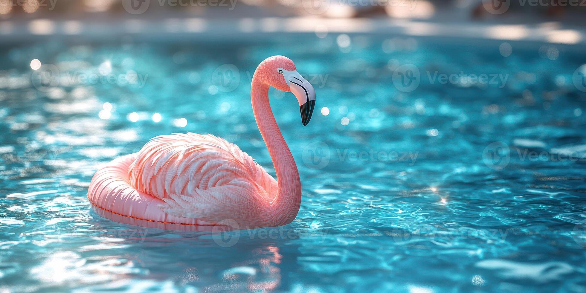 Bright inflatable flamingo floating in a tranquil blue pool during a sunny summer afternoon photo