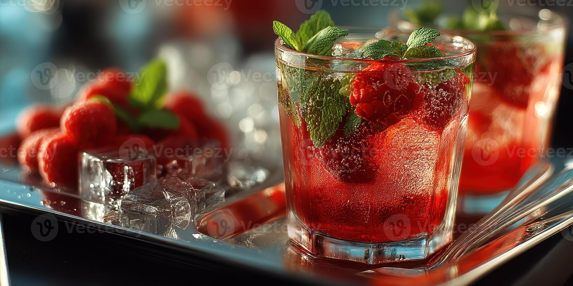Refreshing raspberry drinks served on a silver tray with ice and mint at a summer gathering photo