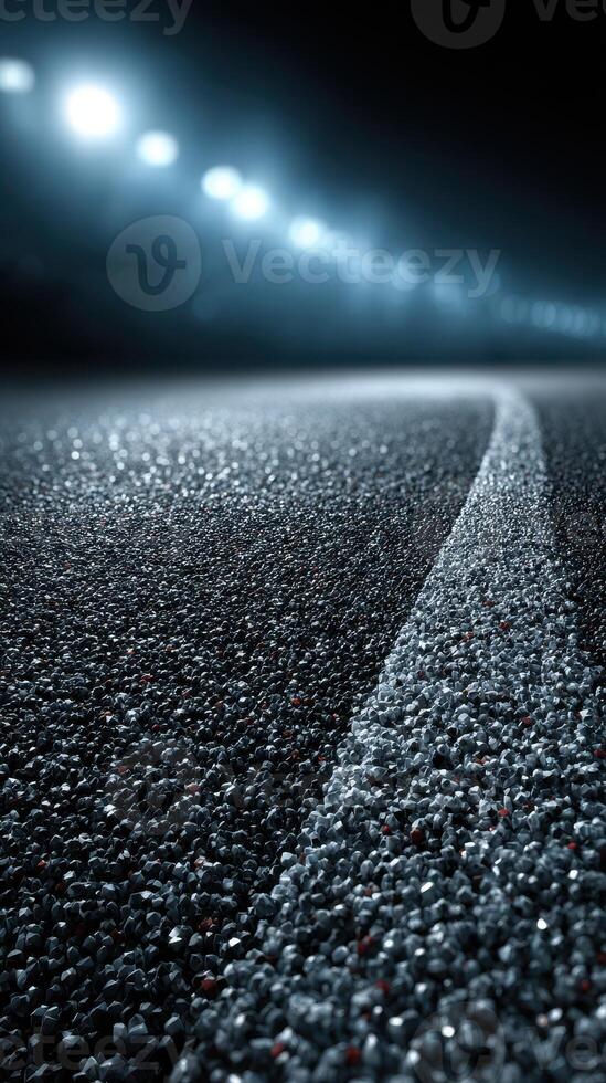 Nighttime view of a winding asphalt road illuminated by glowing streetlights photo