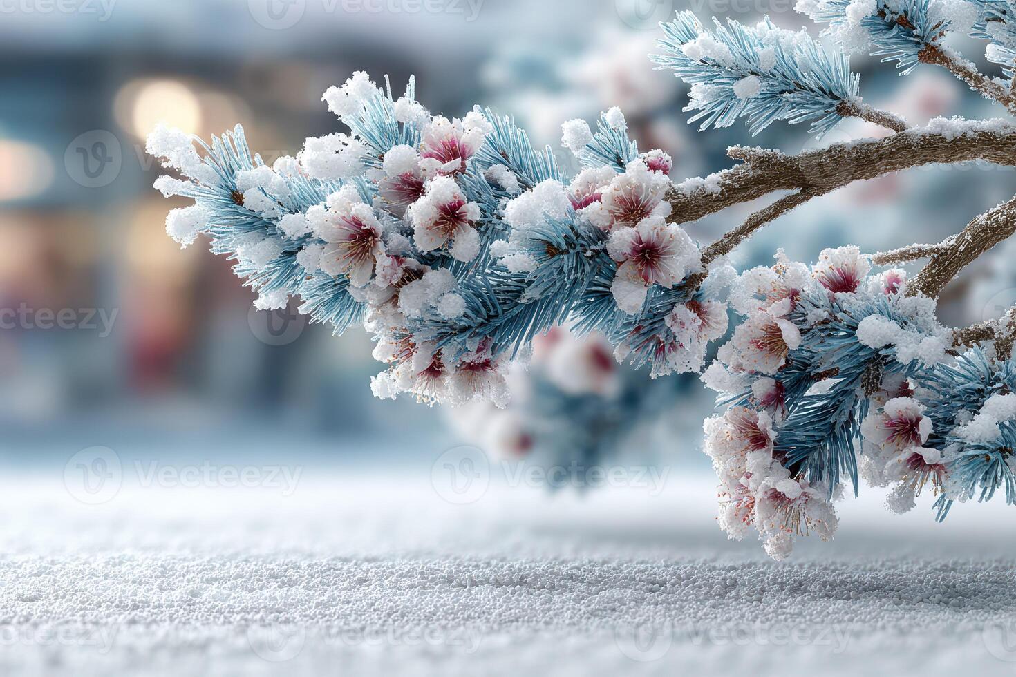 Winter branches covered in frost with delicate red flowers under soft light in a serene snowy landscape photo