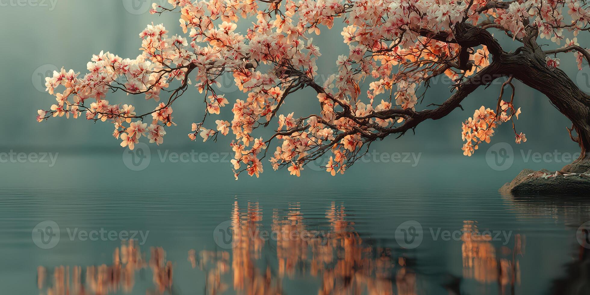 Blossoming cherry tree reflects in tranquil lake at dawn creating a serene landscape photo