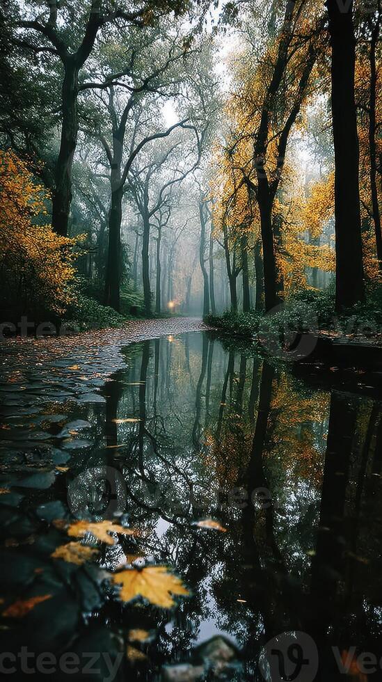 Foggy autumn morning with reflections in a peaceful forest pond near a tree-lined path photo
