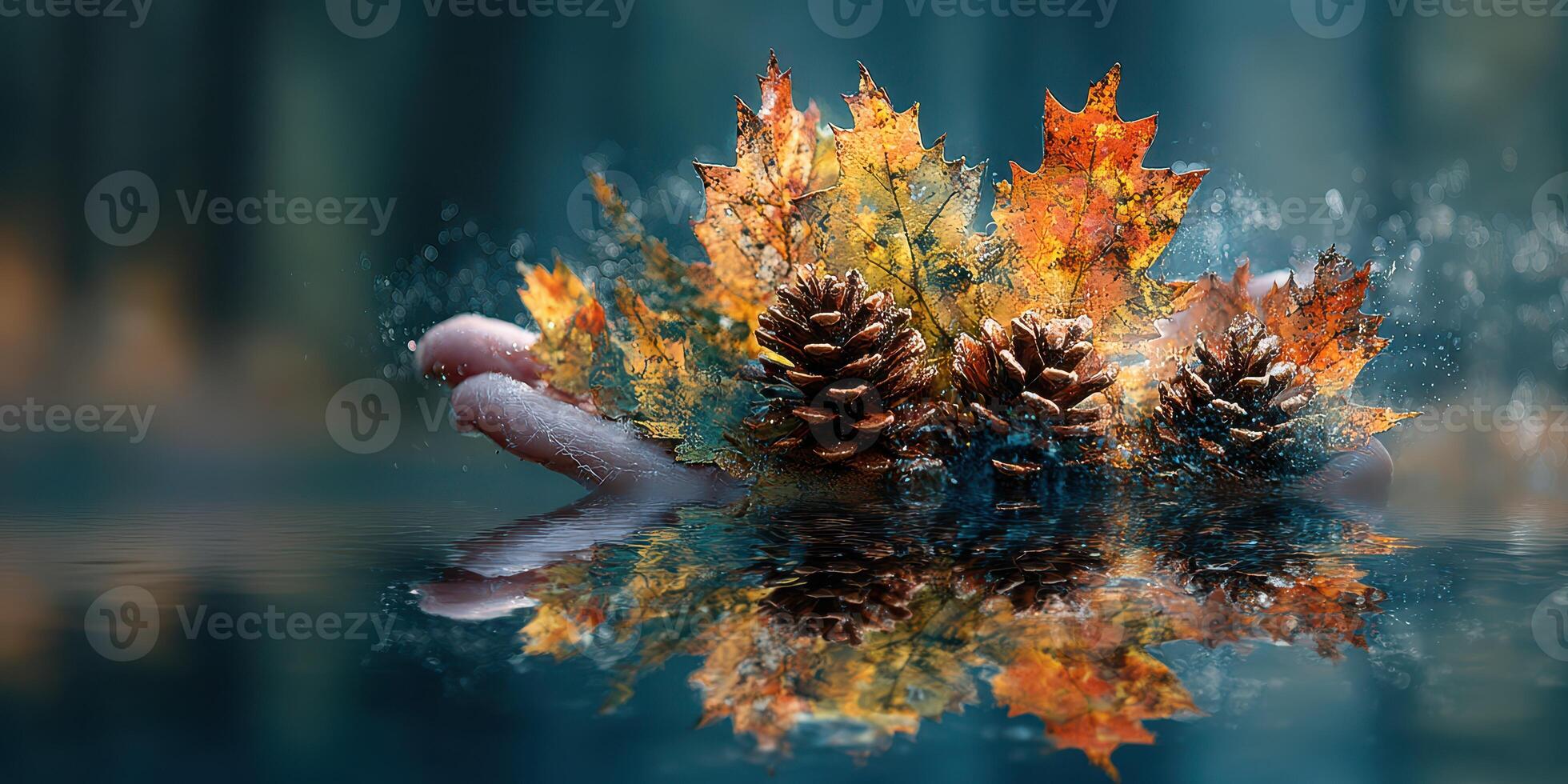 Autumn leaves and pine cones floating on a calm water surface create a serene, seasonal atmosphere in a forest setting photo